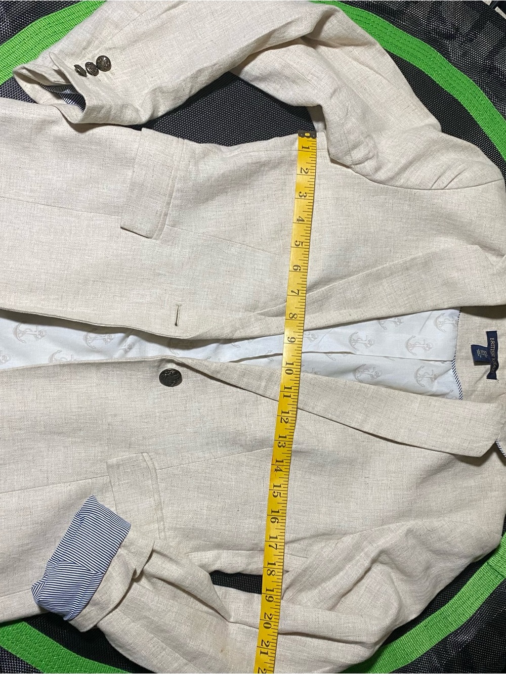 British Khaki Cream Linen-Blend Single-Button Blazer with Blue Stripe Accents S - Picture 5 of 10